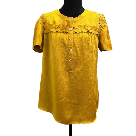 J Crew 4 Gold Yellow Orange Silk Hammered Ruffled Top Preppy Twee - Picture 1 of 5